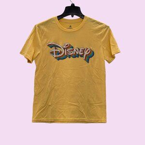 Disney Adult Yellow Retro Rainbow Graphic Crewneck T-Shirt Size S 70s Colorful